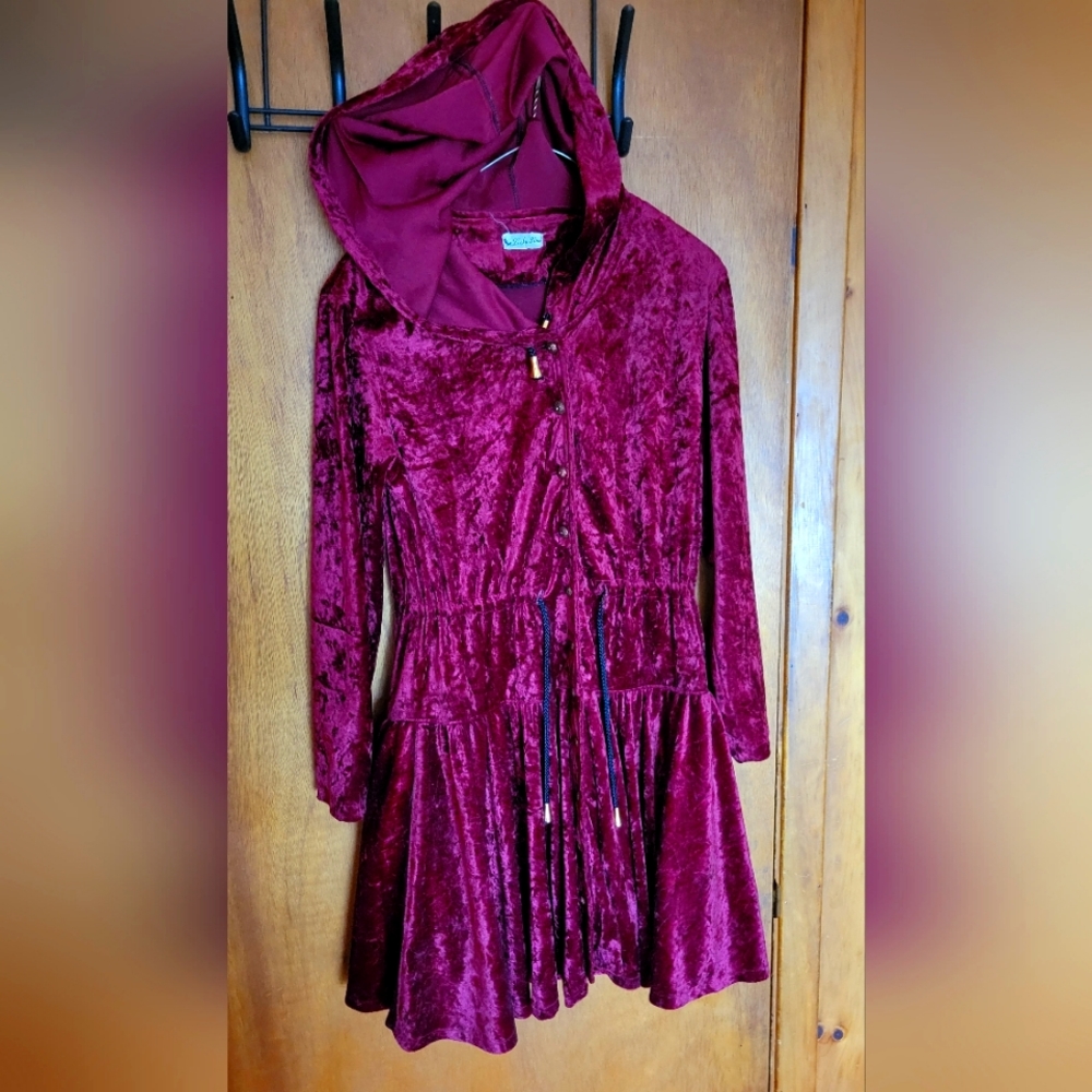 Red crushed velvet button down, hooded dress with drawstrings